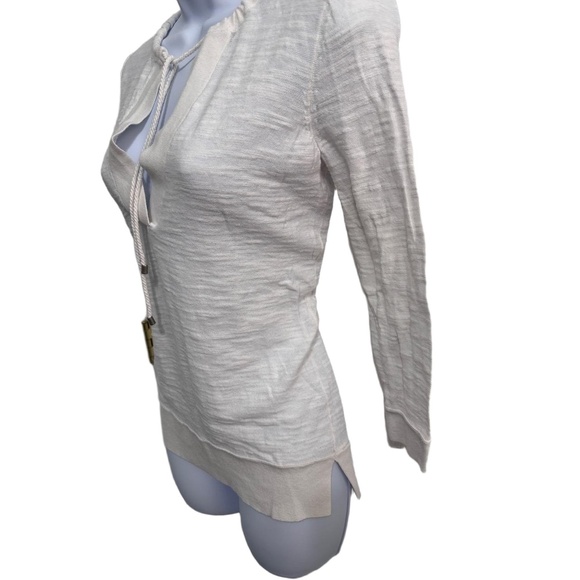 Ann Taylor LOFT White Drawstring VNeck Ribbed Hem Long Sleeve Pullover Top Small - Picture 3 of 8